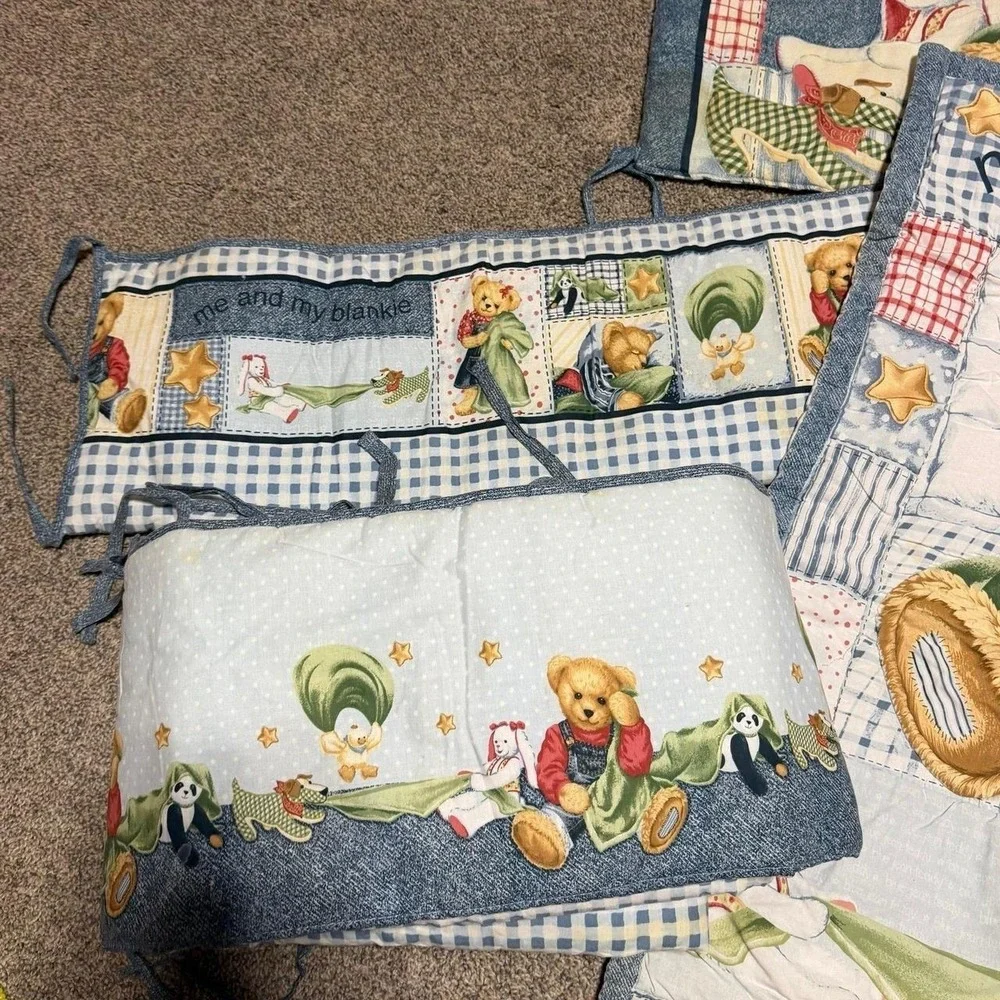Blue Jean Teddy Baby Crib Bedding Set Quilt Vintage 4 PC